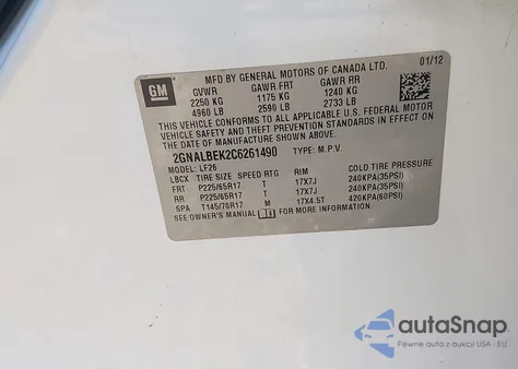 2012 Chevrolet Equinox Ls z USA, uszkodzony, nr VIN 2GNALBEK2C6261490